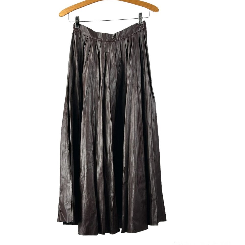 Zara Faux Leather Brown Pleated Full Maxi Skirt